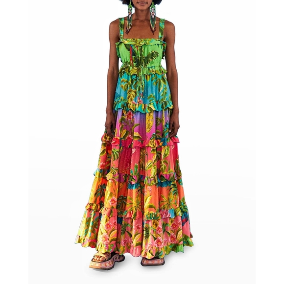 Farm Rio Anthropologie Ombre Forest Tiered Ruffle Beaded Maxi Dress - Picture 3 of 8